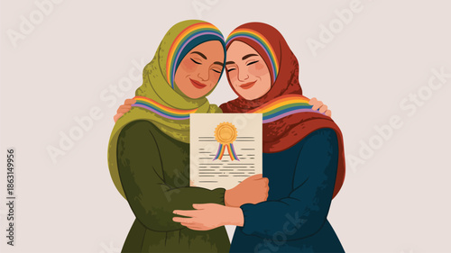 Two joyful women in rainbow hijabs proudly hold a certificate with a rainbow ribbon seal