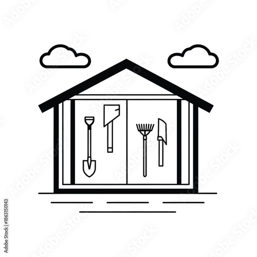 Black outline rustic garden shed with hanging tools thick strokes and big empty spaces for coloring Vector illustration