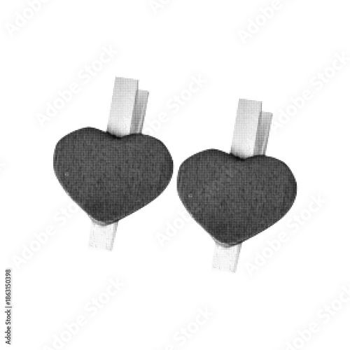 Two halftone heart shapes pierced by cigarette on white background. Concept of love addiction, unhealthy relationship, smoking impact, emotional dependence and toxic habit. Minimal conceptual illustra