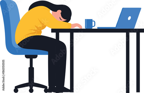 Tired office worker sleeping at desk vector illustration showing burnout fatigue stress and overworked business lifestyle