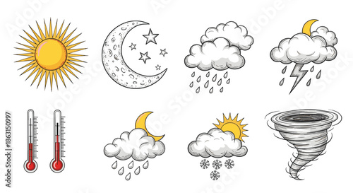 Detailed collection of hand drawn weather icons including sun moon clouds rain lightning snow and thermometers for predictions.