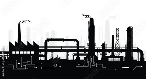 Complex black silhouette of an industrial factory and refinery plant with smoking chimneys and intricate complex piping systems.