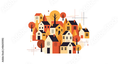 Modern flat illustration of a cozy village with orange and red trees representing an autumn landscape in clean geometric shapes.