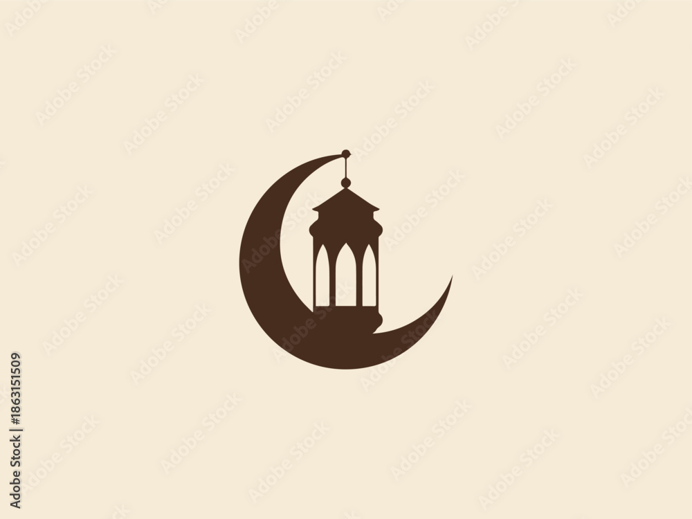 Fototapeta premium Lantern and Crescent Mid Ramadan Silhouette