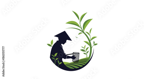 Stylized silhouette of a person wearing a conical hat picking tea leaves in a large field surrounded by green tea branches.