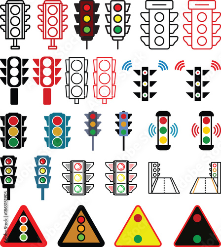 Traffic light icon set with simple and modern design.Vector icons on white background. Red green and yellow signal.