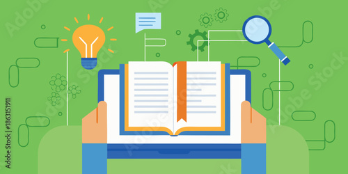 Learning and innovation illustrated with a book lightbulb and search tools