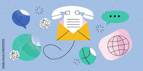 A colorful illustration featuring a vintage telephone letter and global communication elements