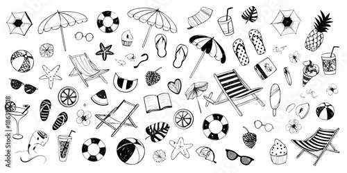 Black and white doodle illustration featuring various summer themed objects