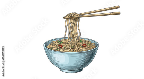 Vintage style engraving of a bowl of ramen noodles with chopsticks lifting a portion of the delicious hot pasta.