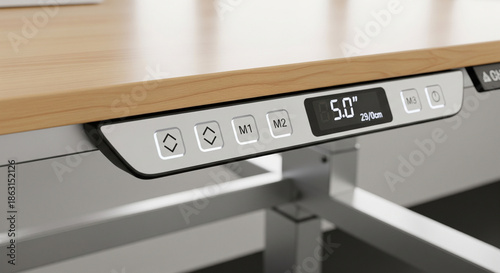 A close-up of a digital control panel on a light wood standing desk, showing height adjustment buttons and a digital display