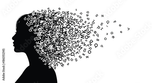 Creative profile silhouette of a woman with letters of the alphabet flying out from her head like thoughts or ideas.