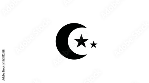 Crescent moon and two stars icon on white background, spiritual symbol, Islamic faith sign, religious representation.