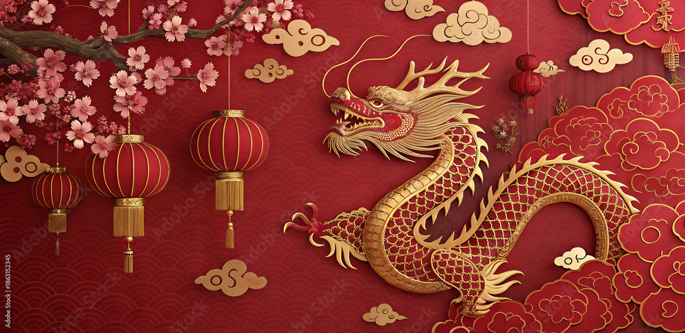 Fototapeta premium Golden Dragon Circular Ornament (Chinese New Year)