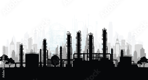 Black silhouette of an industrial refinery with towers and pipes set against a distant city skyline in the mist.