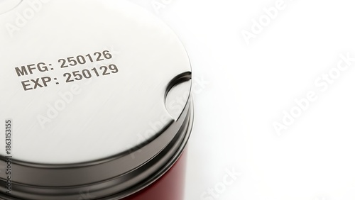 Close-up of manufacturing and expiration dates stamped on a metal container lid