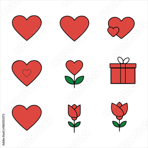 Collection of red heart icons, flowers and gift box