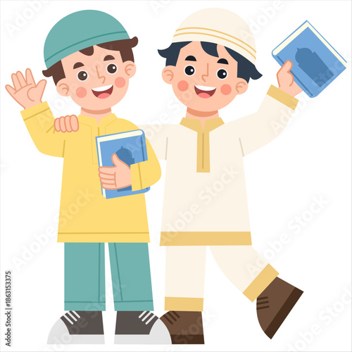 Illustration of Two Smiling Muslim Boys Holding Books