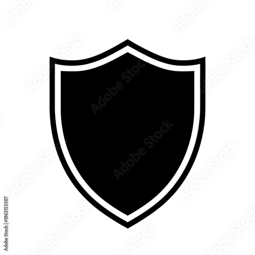 Classic heraldic shield. Black filled silhouette with a thin white outline. Symbol of protection and security. Vector illustration.