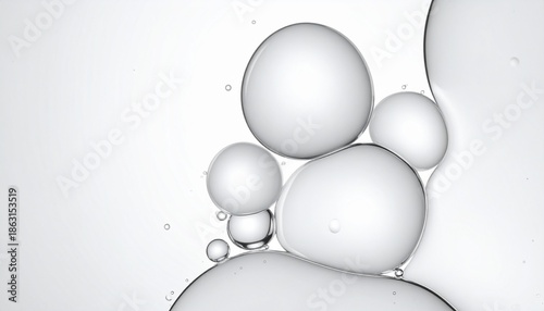 Minimalist abstract background featuring large clear glossy spheres and tiny bubbles of oil drops suspended in water macro detail of cosmetic beauty serum