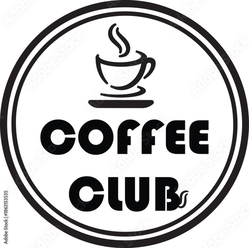 Coffee group emblem with steaming cup icon and circular frame for cafe branding and menu design art