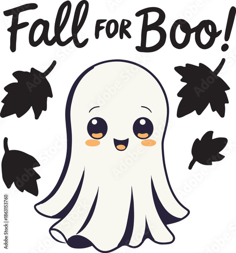 Fall for boo cute ghost and falling leaves Halloween greeting text illustration