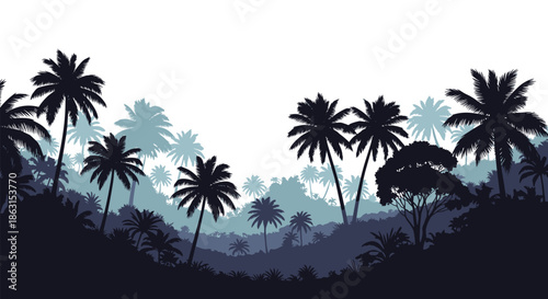 Layered blue and black silhouettes of tropical palm trees and dense vegetation for island night and travel backgrounds.