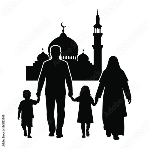 Islamic family walking towards a mosque