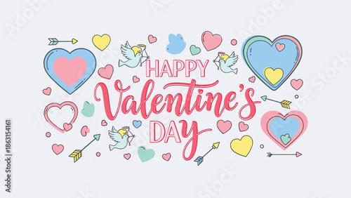 valnetine day card with colorful balloons and hearts