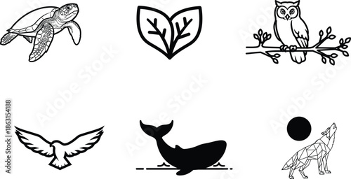 black and white animal icons including turtle owl eagle whale and wolf
