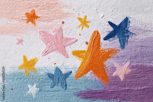 Bright painted stars on a colorful, textured brushstroke background, creating a cheerful art illustration