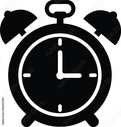 A classic black and white vector icon featuring a traditional analog alarm clock design