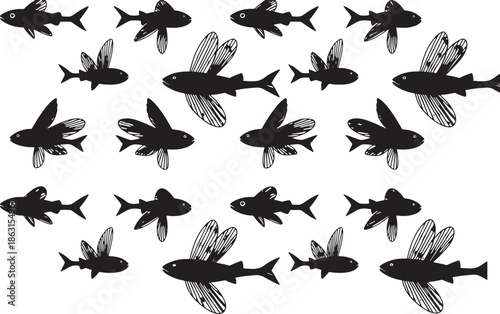 Set of flying fish silhouettes isolated on transparent background