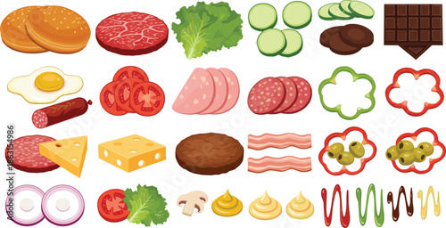 Burger Ingredients and Food Toppings Illustration Set Featuring Fresh Vegetables, Meat, Cheese, Sauces, and Condiments for Fast Food and Restaurant Designs