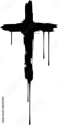 vector illustration of a christian cross with an ink drip and splatter effect. minimalist design made entirely with filled shapes, perfect for tattoos, logos, and modern religious art