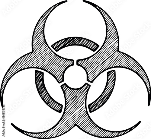 vector illustration of the international biohazard symbol with a freehand sketch finish. minimalist black color design, constructed entirely with filled shapes (no strokes)