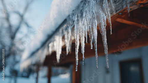 Close-up of icicles on a roof eaves