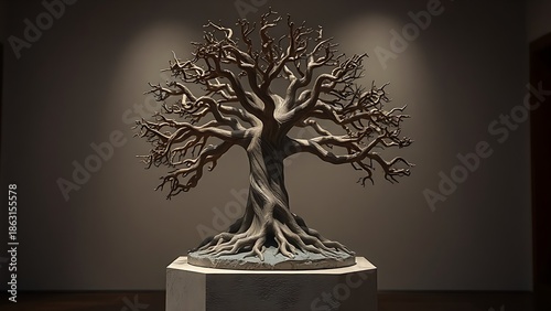 steadiness. A symbolic tree sculpture with intertwining roots and branches on a stone pedestal. gardening catalogs, home-decor guides, designed for home decor and floral branding, celebrates nature.