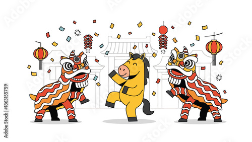 Modern vector illustration of lion dance with friendly horse zodiac dancing together in festive street, Chinese New Year 2026 celebration symbolizing luck, joy, and prosperity