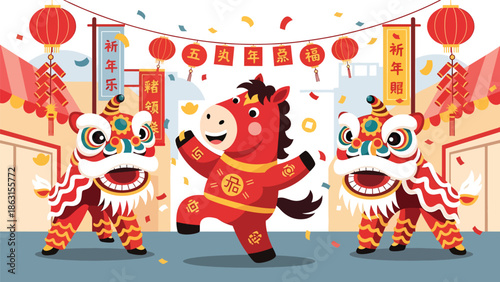 Modern vector illustration of lion dance with friendly horse zodiac dancing together in festive street, Chinese New Year 2026 celebration symbolizing luck, joy, and prosperity