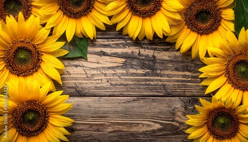 Vibrant sunflowers framing rustic wooden planks, creating a warm and inviting backdrop.