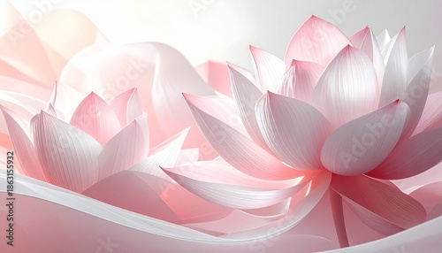 Elegant abstract close up of gentle pink and white lotus flowers showcasing flowing ethereal petals and soft lighting a beautiful calming floral background design