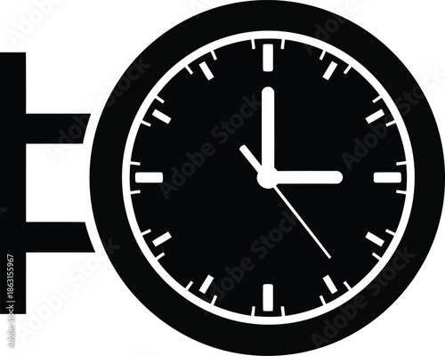 A simple black and white icon of a classic analog clock mounted on a wall bracket