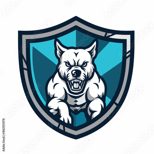 Striking blue and white aggressive dog within a shield emblem, conveying determination and ferocity for a compelling brand identity or team icon, symbolizing power and protection