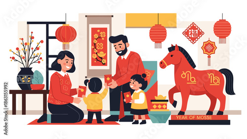 Modern vector illustration of parents giving red envelopes to children with friendly horse zodiac nearby, Chinese New Year 2026 family blessing and traditional Lunar New Year celebration scene