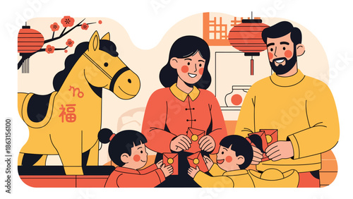 Modern vector illustration of parents giving red envelopes to children with friendly horse zodiac nearby, Chinese New Year 2026 family blessing and traditional Lunar New Year celebration scene