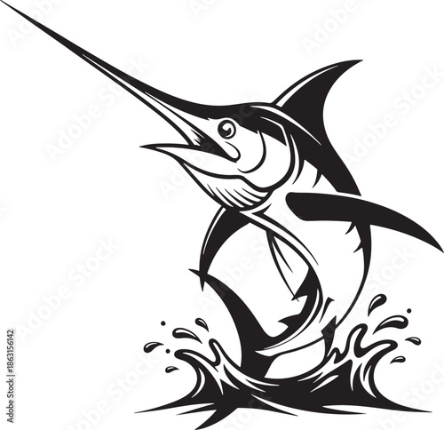 Stylized jumping marlin fish illustration with dynamic motion lines