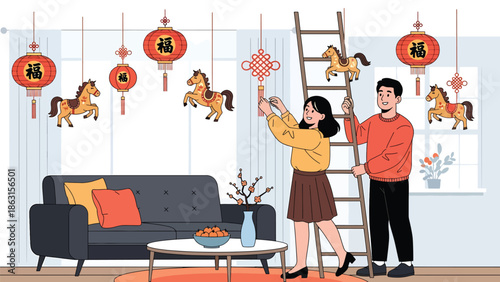 Modern vector illustration of couple decorating apartment with lanterns and horse zodiac ornaments for Chinese New Year 2026, festive home preparation scene