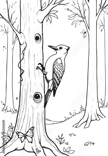 Vintage black silhouette drawing of a wild bird with a feathered wing perched on a floral tree branch in a nature illustration vector design