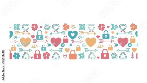 Love and Security: Seamless pattern featuring a charming array of hearts, arrows, and locks, symbolizing affection, commitment, and protection against a gentle backdrop. 